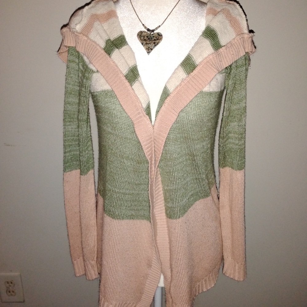 Open-Front Colorblock Knit Sweater Cardigan - Pink & Green